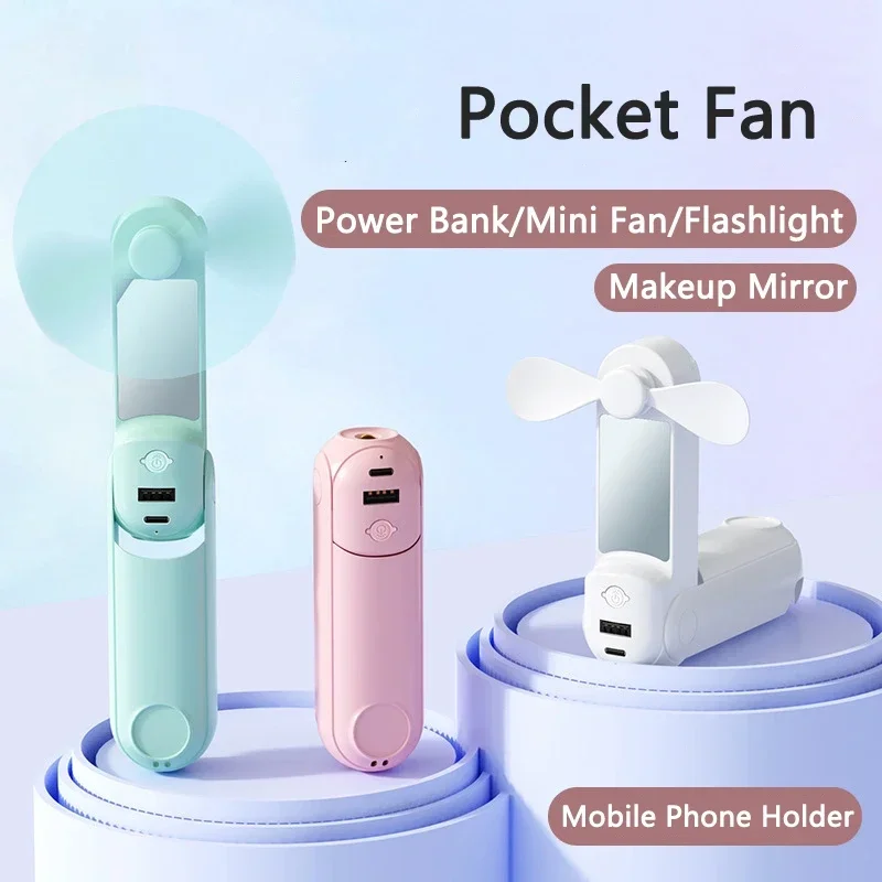 

Portable Fan USB Rechargeable 3 Speed 5 In 1 Mini Handheld Foldable Fan With Power Bank Flashlight Mirror Phone Stand