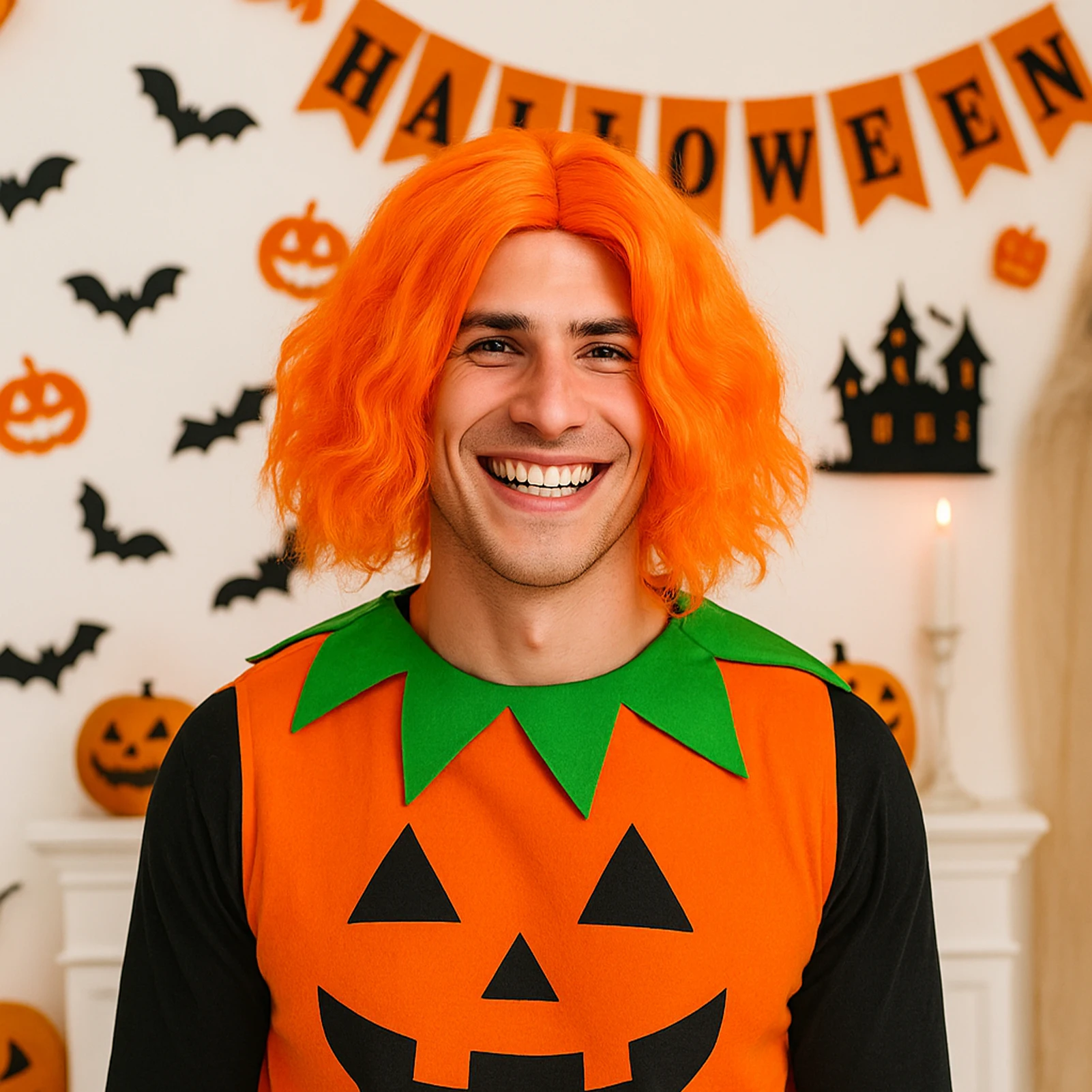 باروكات كاملة مجعدة باللون البرتقالي للهالوين، باروكات قابلة للتنفس ذات مظهر طبيعي للاحتفالات السفر وحفلات الزفاف والشحن المحلي