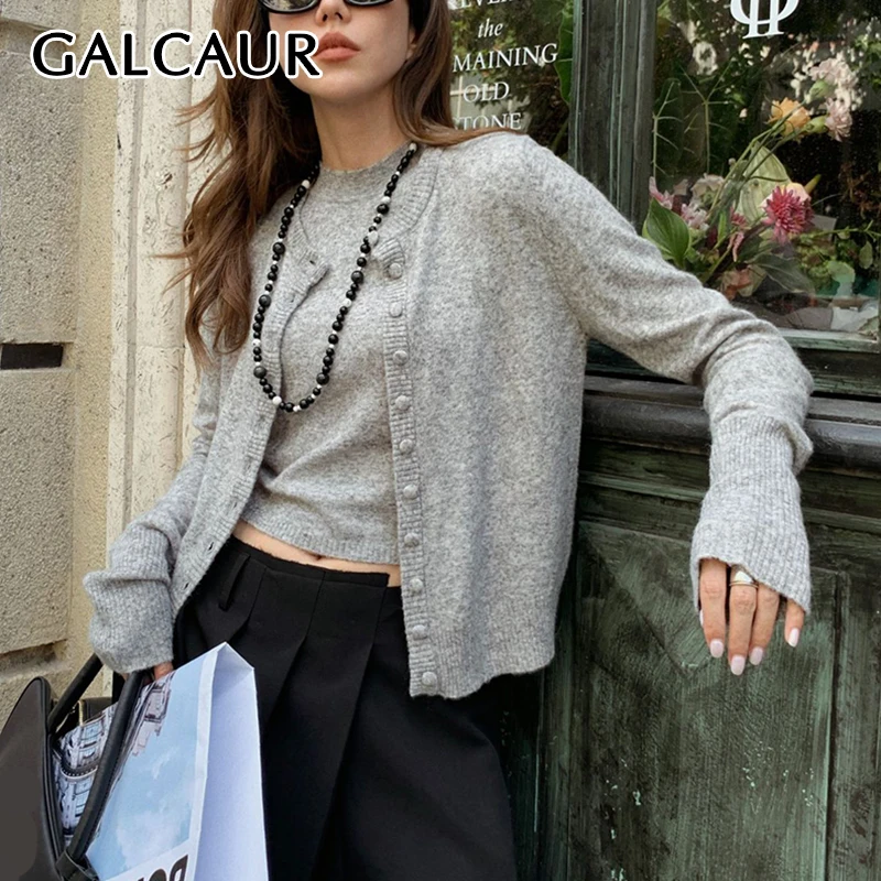 GALCAUR Minimlism Knit Two Piece Set Women Half High Collar Vest O Neck Long Sleeve Carigan Casual Slim Top Suit Famale Clothing