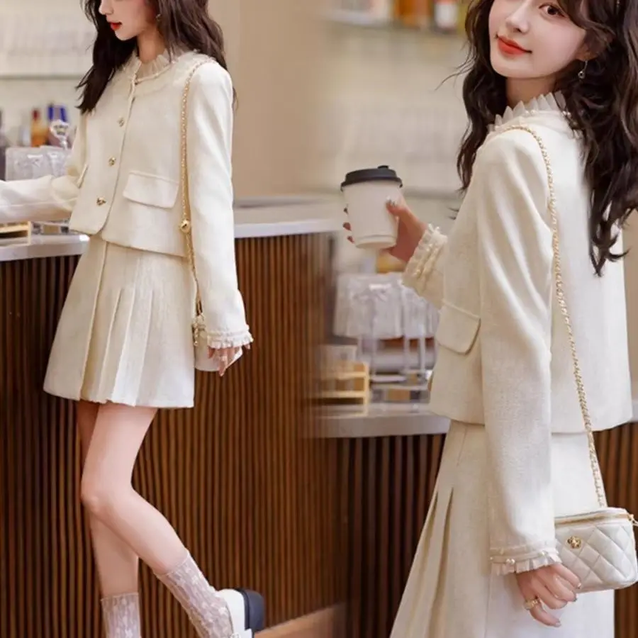 Early Spring 2024 New Elegant Tweed Two-Piece Set for Petite Women Female Office Lady: Korean Style Chic Jacket and Skirt Sweet