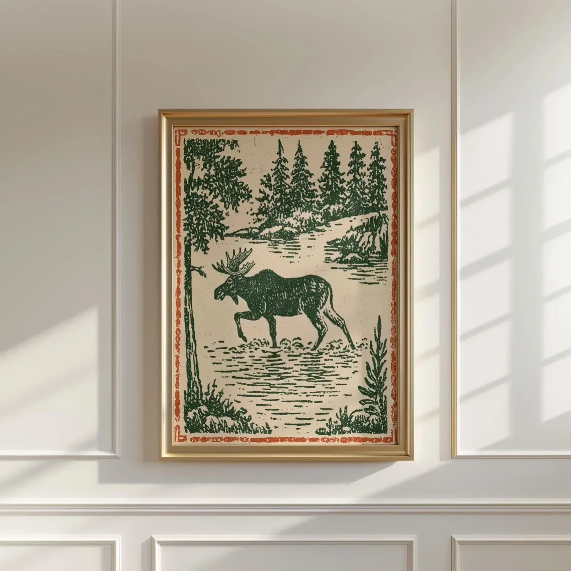 Vintage Moose Linocut Poster, Green and Orange Forest Scene