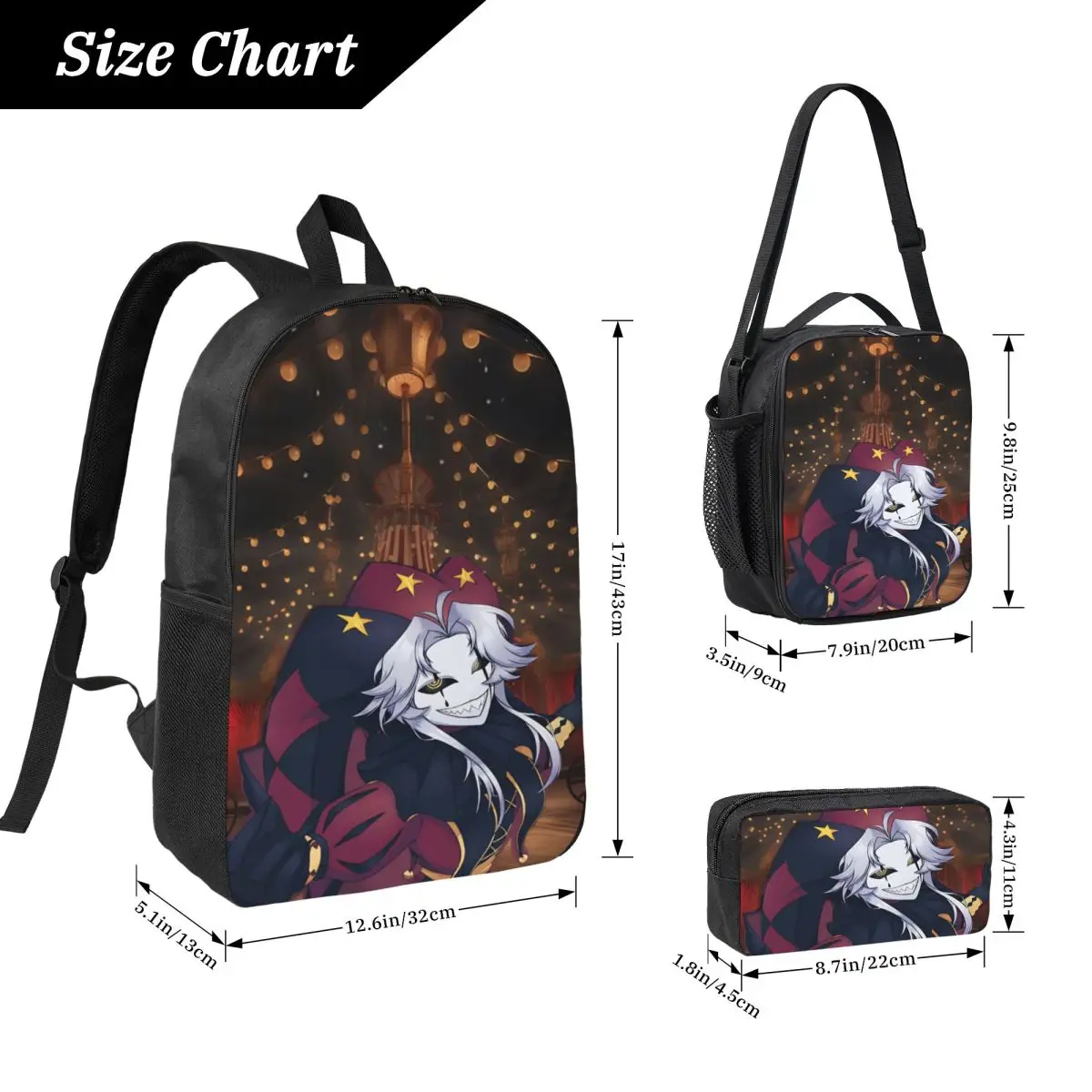 Pierrots The Freak Circus School bags Set for Boy Girl Pencil Boxes Backpack Sets with Lunch Box For School Students Daypack