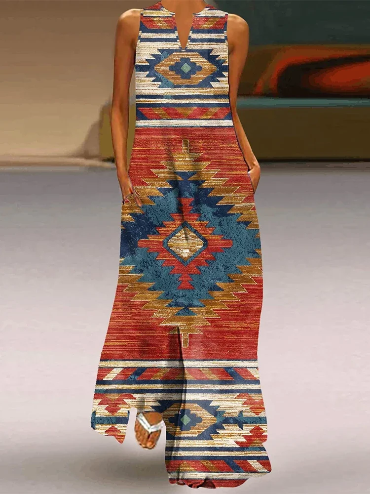 Abito bohémien con stampa geometrica retrò per abito lungo elegante con scollo a V alla moda, abito casual da vacanza, abito da sera per cena da cocktail