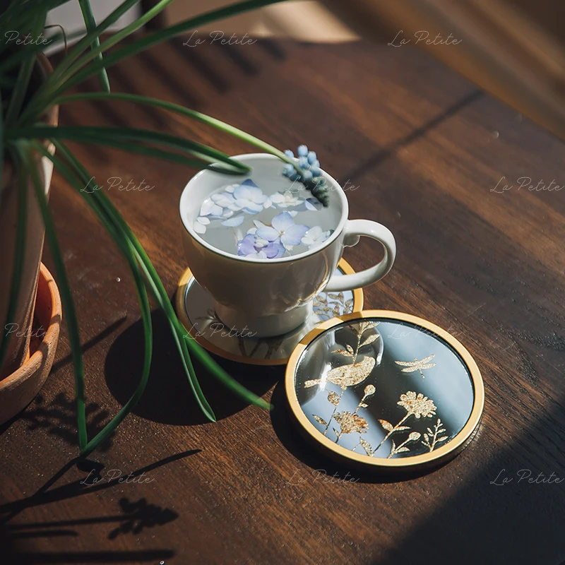 Vintage Mirror Etched Plant and Bird Cup Holders Coaster Set of 4 for Ktichen Table Decoration Accessories Photography Props