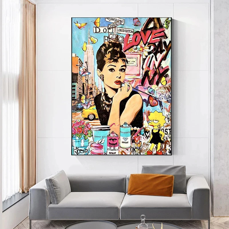 Movie Star Audrey Hepburn Under The Eiffel Tower in Paris Portrait Graffiti Canvas Posters Street Pop Art Mural Home Room Decor