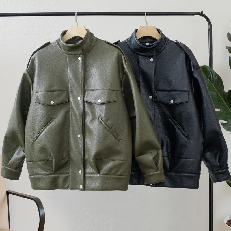 Women's Oversized Faux Leather Bomber Jacket with Stand Collar