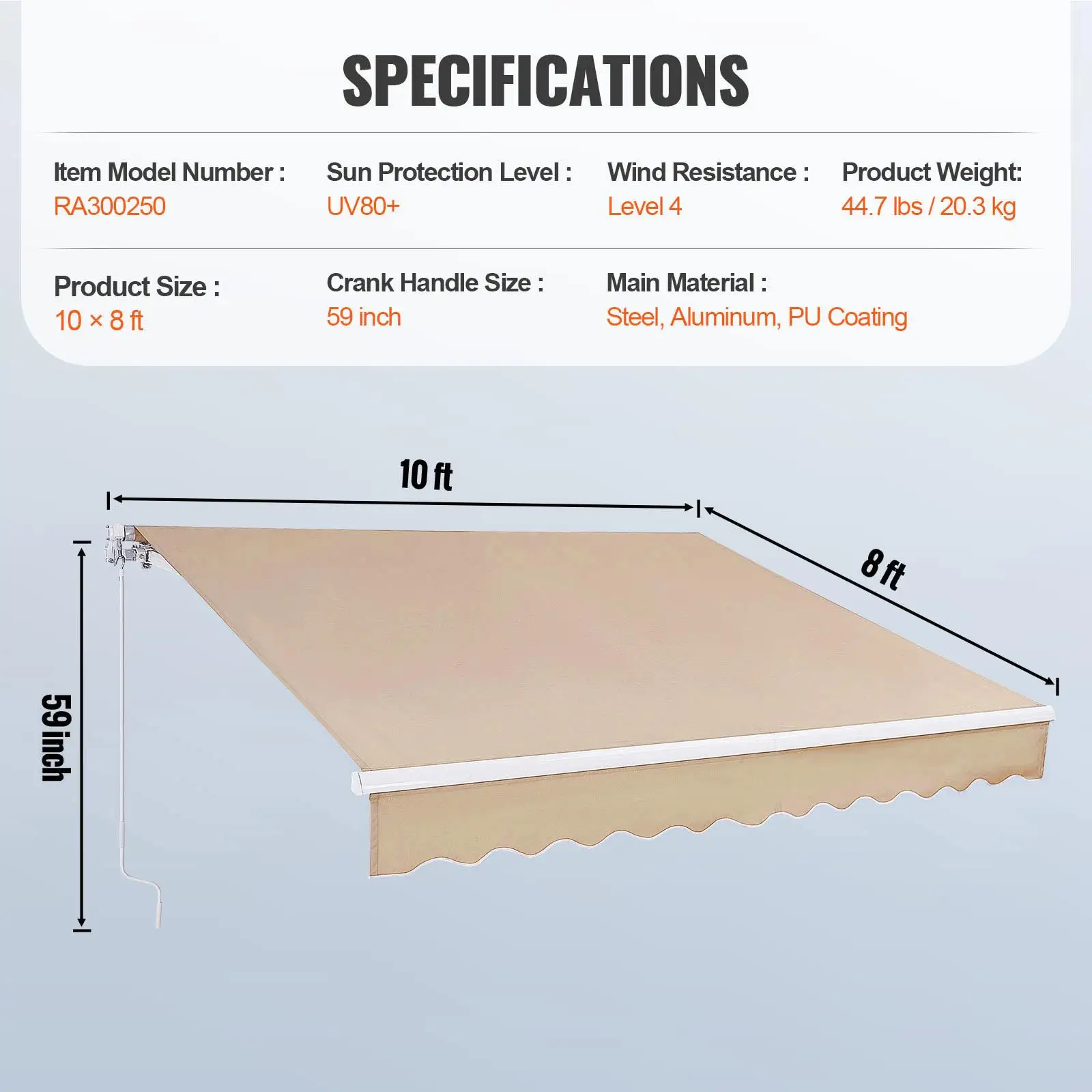 Manual Retractable Awning 10 x 8 ft Outdoor Patio Sun Shade Water Resistant Polyester Shelter with Hand Crank for Door Window Balcony for backyard