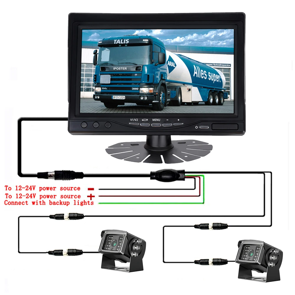 iPoster 7 Inch LCD Screen Monitor Metal Fan Mount+2x Heavy Duty Vehicles 18 IR Rear View Cameras Kit 12-24v For Truck Rv Van