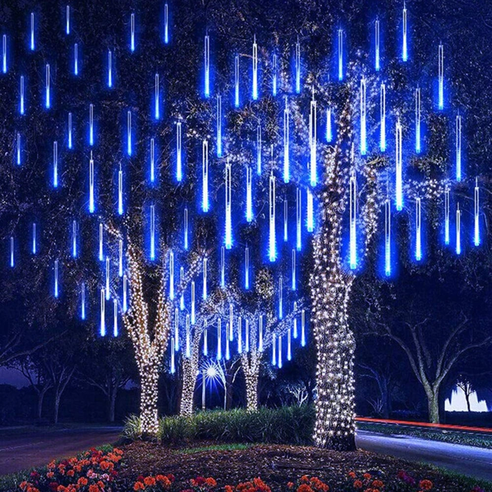 Meteor Shower Luzes de Natal Penduradas Luzes de corda para árvore de jardim Holiday Party Lâmpada de decoração ao ar livre 10 tubos 192 LED