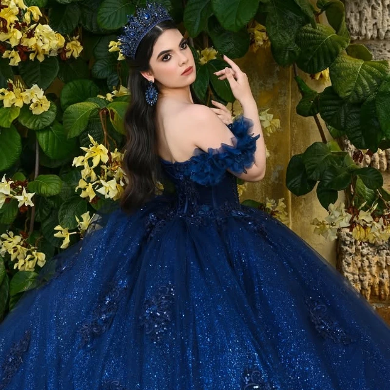Navy Blue Shiny Quinceanera Dresses Off The Shoulder Applique Lace Beads Tiered Tull Corset Party Birthday Sweet 16 Dres Vestido