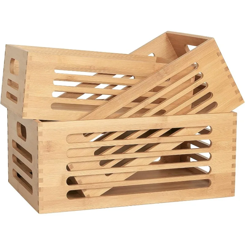 

3PCS Bamboo Wood Storage Bins Natural Wooden Boxes Crates for Storage, Decorative Wooden Basket Container with Handles