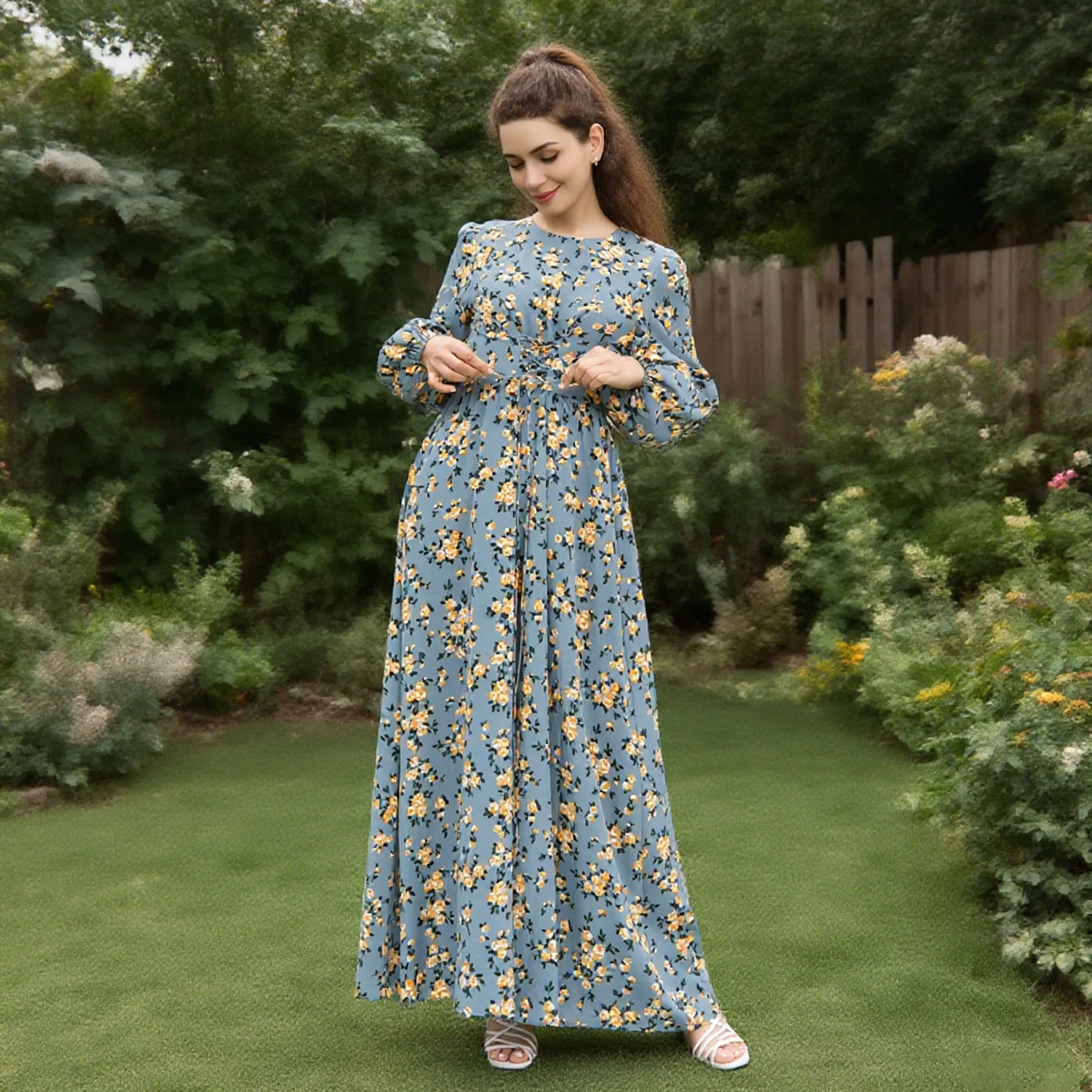 Robe longue de plage musulmane en mousseline de soie, manches longues, imprimé bohémien, motif Floral, décontractée, ligne a, vêtements turcs, été