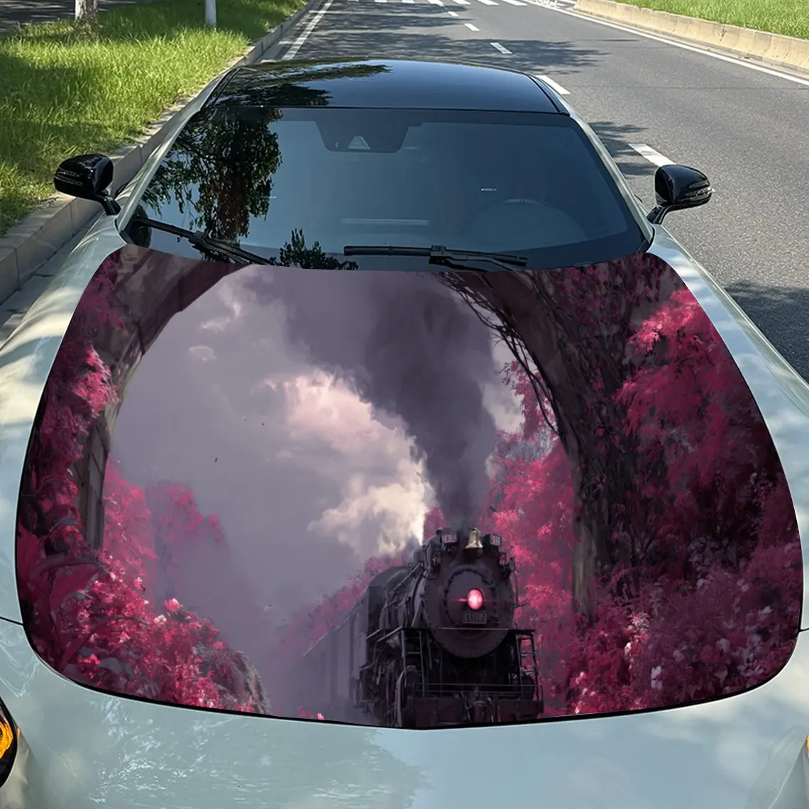 Autocollants captivants fleurs violettes et capot de voiture de train – Film vinyle auto-adhésif, imperméable et durable, décoration et protection