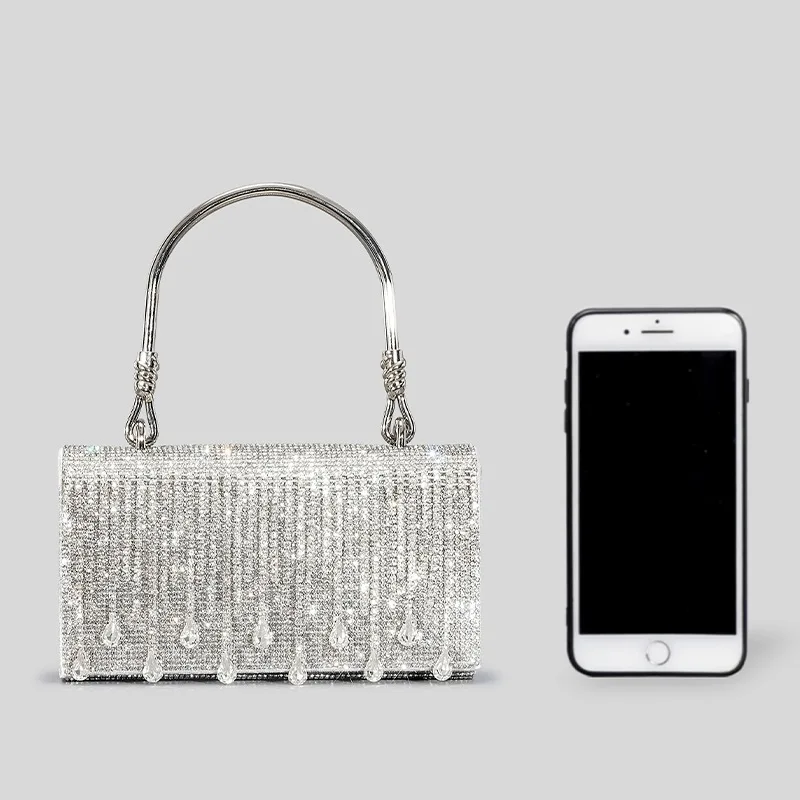Original Designer Marken-Handtasche mit Quasten und Strass, Hot Diamond Abendtasche mit Metallgriff, Umhängetasche für Damen – Detail 2