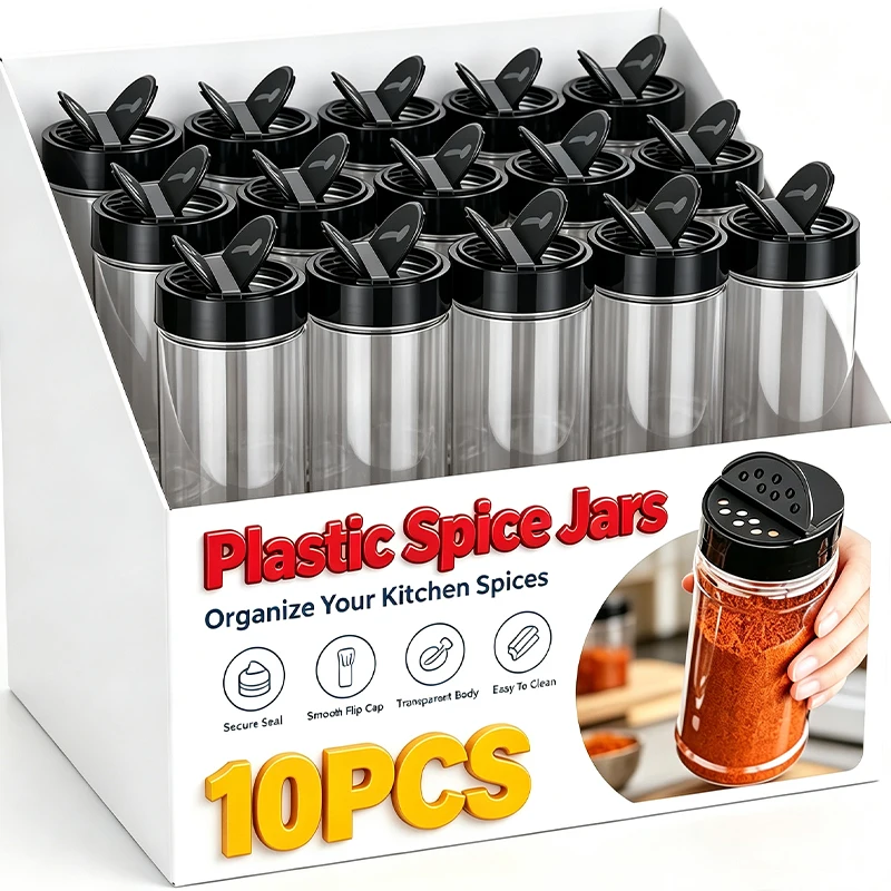 1/10PCS Plastic Spice Jars with Shaker Lids Transparent Safety Plastic Bottles for Home Kitchen Storing Spices Seasoning Powders