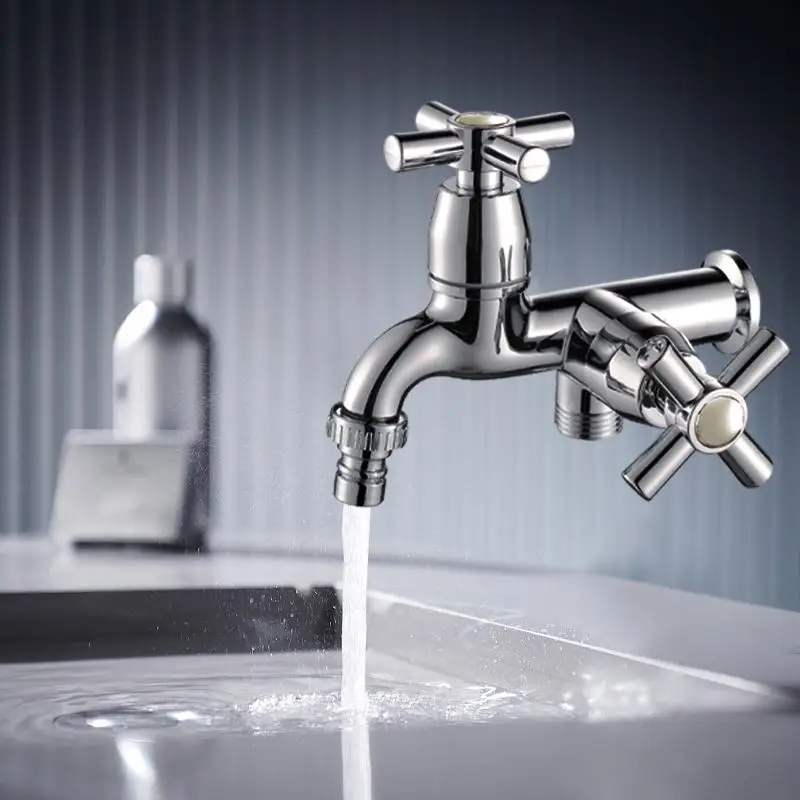 Dual Outlet Chrome Plated Brass Water Tap 1/4 Turn Handles 1/2 Inch Connection For Kitchen Washing Machine Garden Use