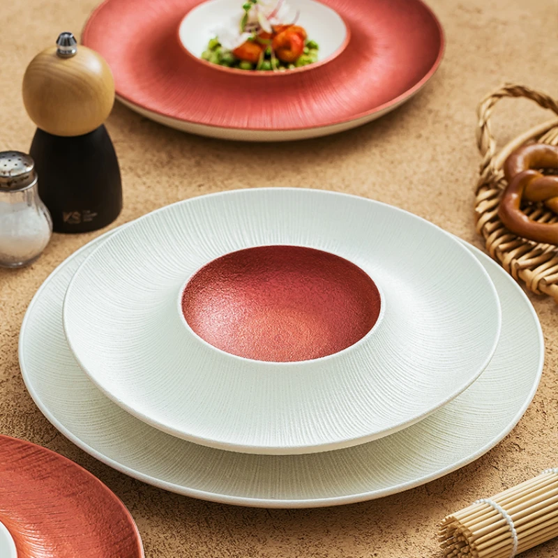 

Creative Ceramic Steak Sushi Plate Round Cooking Dishes Simple Home Kitchen Solid Color Cutlery Dinner Plates Snack Dessert Tray