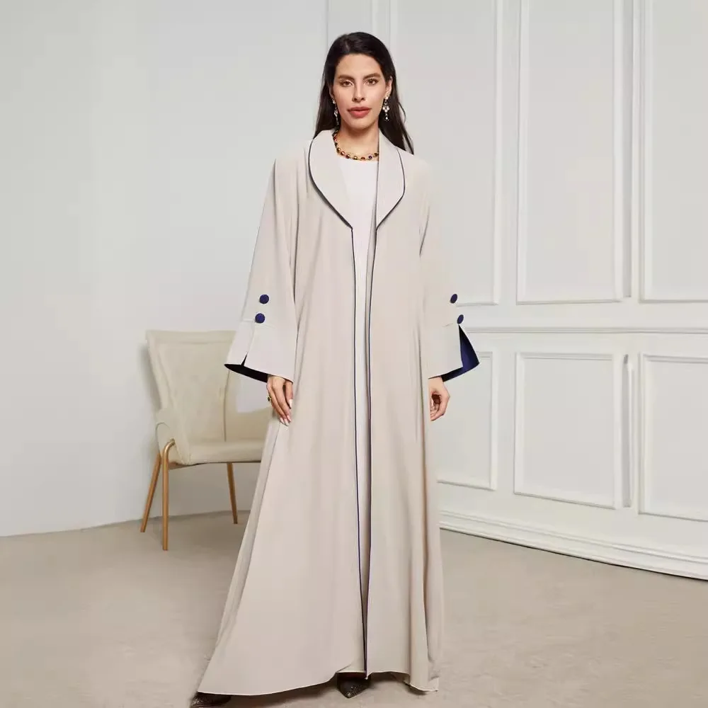 

2024 New Pleated Muslim Clothing Long Dress Women's Fashionable Elegant Cardigan Contrasting Button Up Dress Long Robe Cardigan