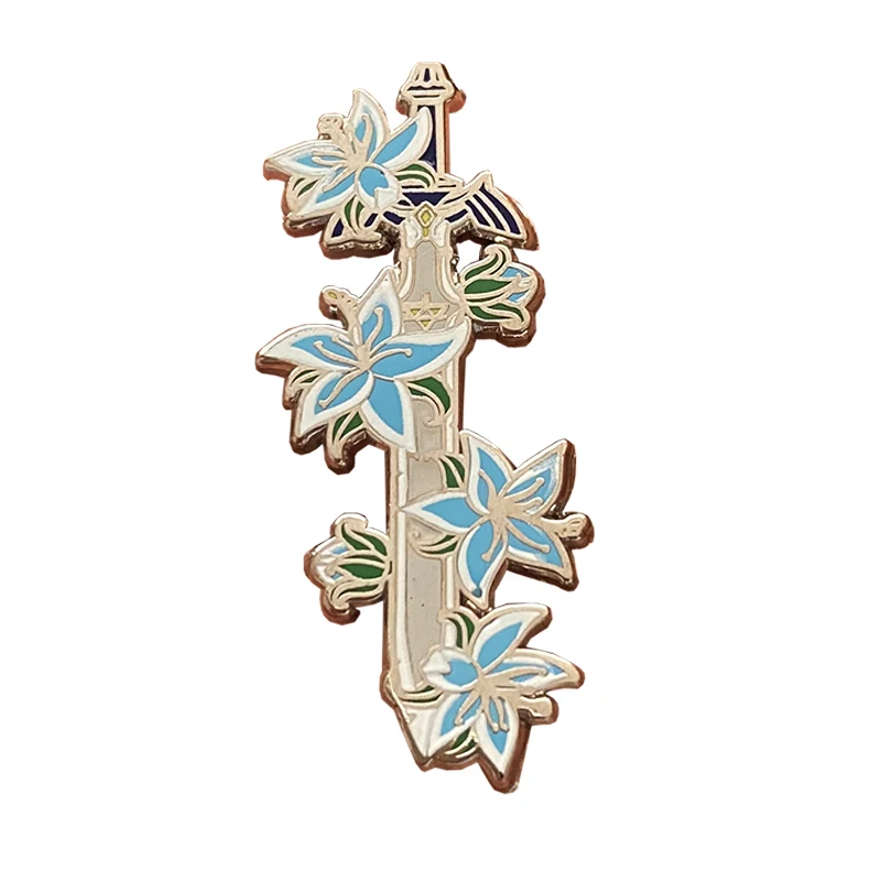 

Produce Cartoon Blue Lilies Beautiful Cool Swords Lapel Pins Unique College High Quality Silver Metal Hard Enamel Badge For Gift