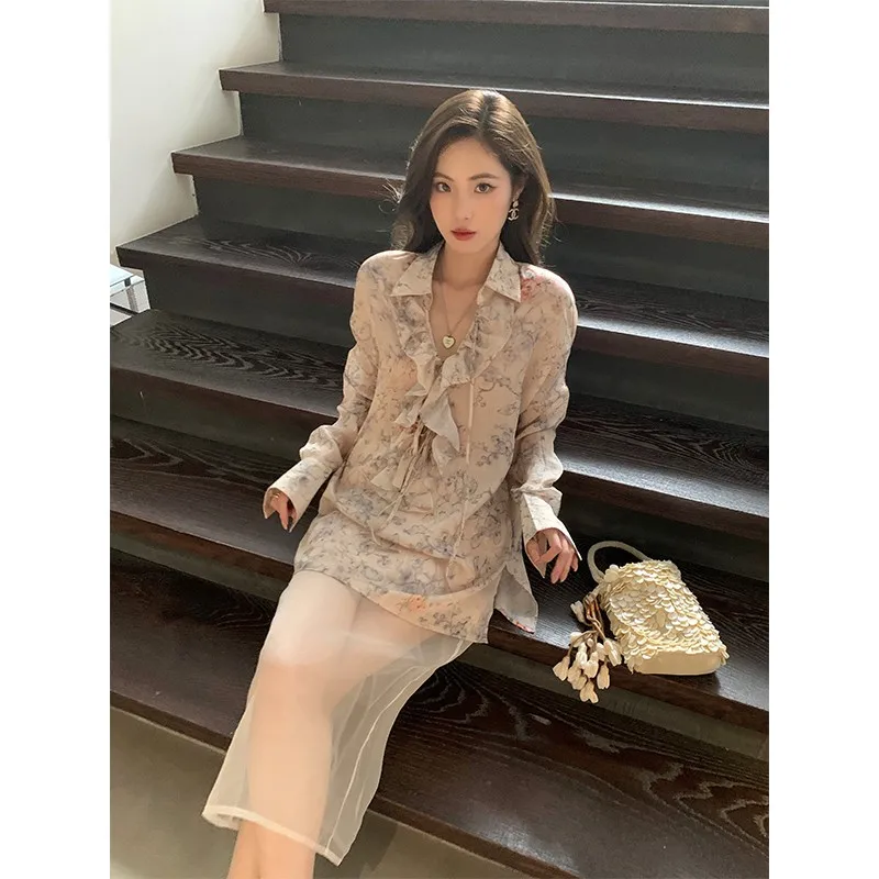 

Женская свободная рубашка Aisui с винтажным цветочным принтом, премиум-класса, модная, летняя, с отложным воротником, с длинными рукавами, повседневный топ