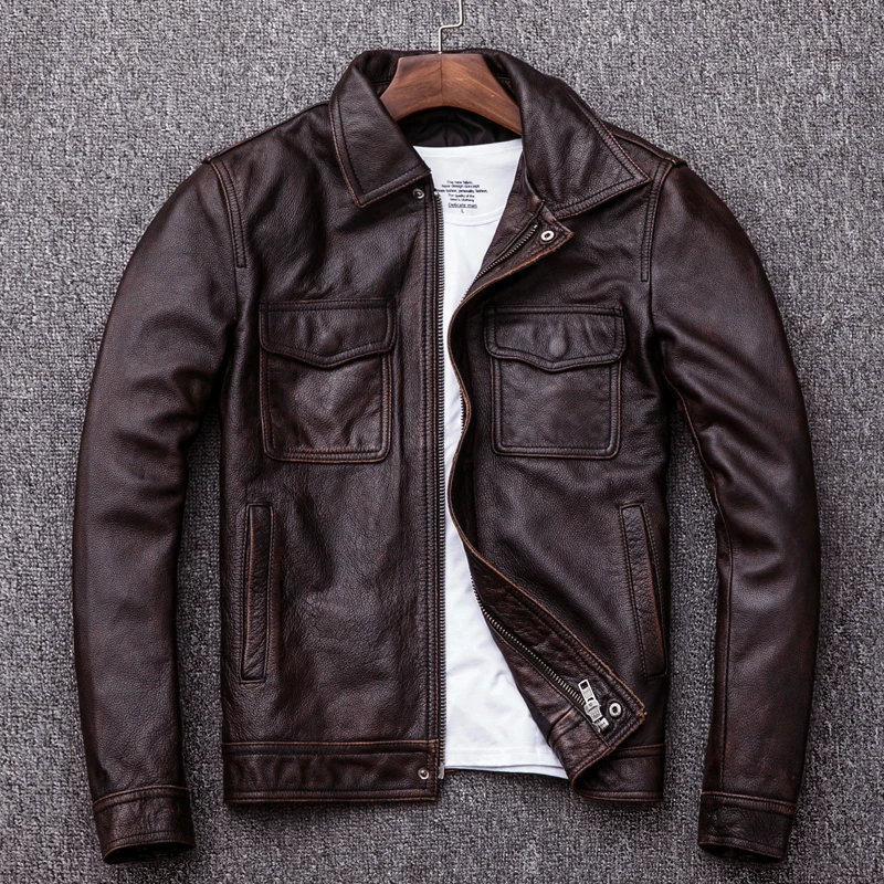 May Khaki Top Layer Cowhide Vintage Stone Ground Made Old Leather Leather men's Short -fit Plus Cotton Leather Jacket