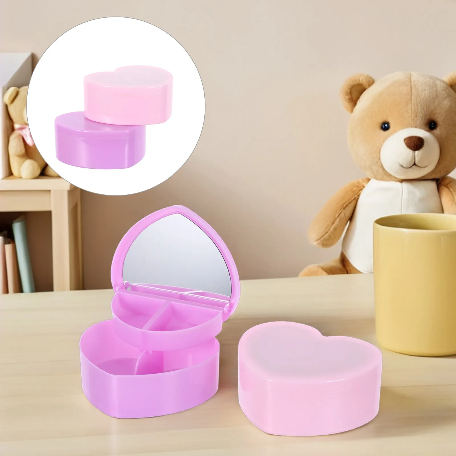 

2Pcs Heart Shaped Jewelry Box Lid Mirror Double Layer Storage Organizer Hair Accessories Teen Trinket Case Keepsake Holder