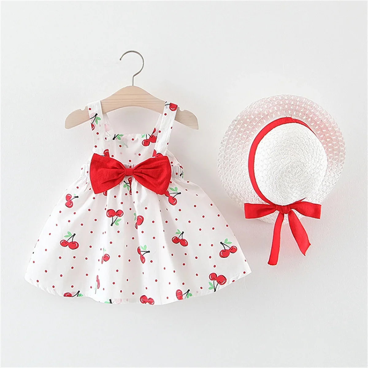 Summer Baby Girl\'s Dress New Dotted Cherry Back Bow Strap Dress with Hat