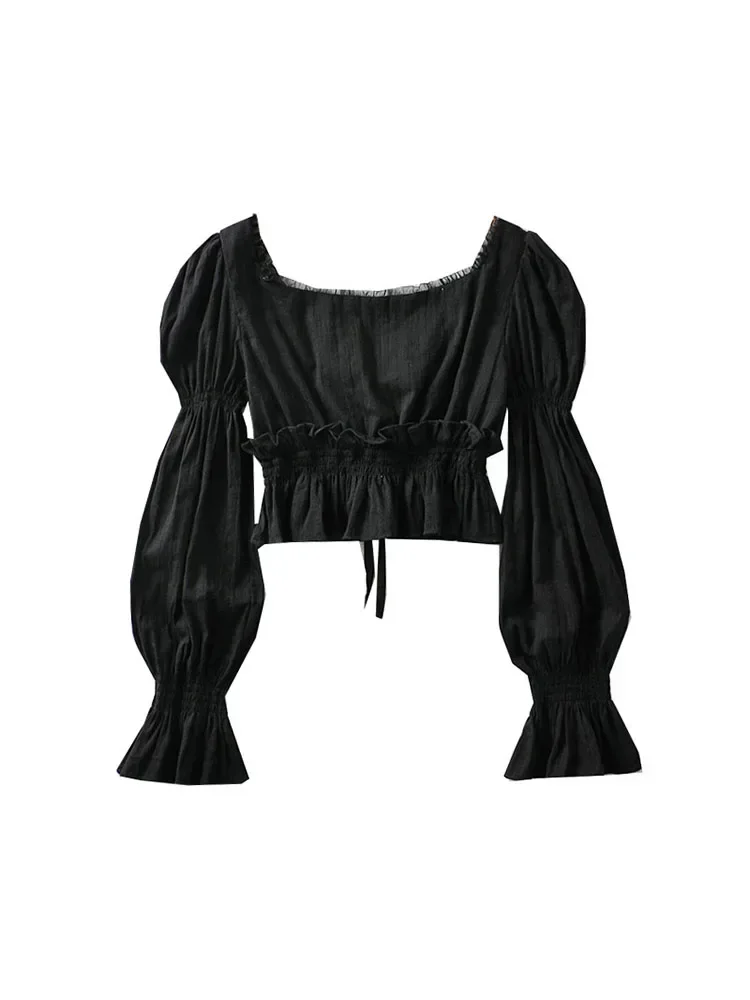 

Французская плиссированная рубашка с длинными рукавами-фонариками для женщин, весна-осень 2022, новая винтажная белая блузка с квадратным воротником, женские топы