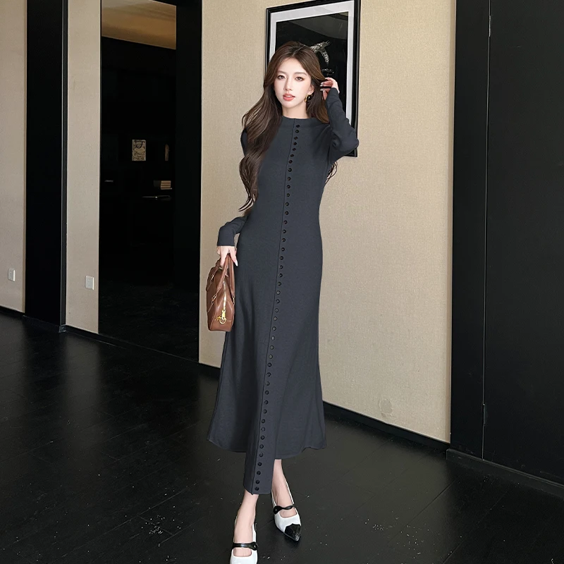 한국 우아한 니트 롱 맥시 드레스 여성 2026 봄 긴 소매 싱글 브레스티드 드레스 슬림 클래식 여성 의류