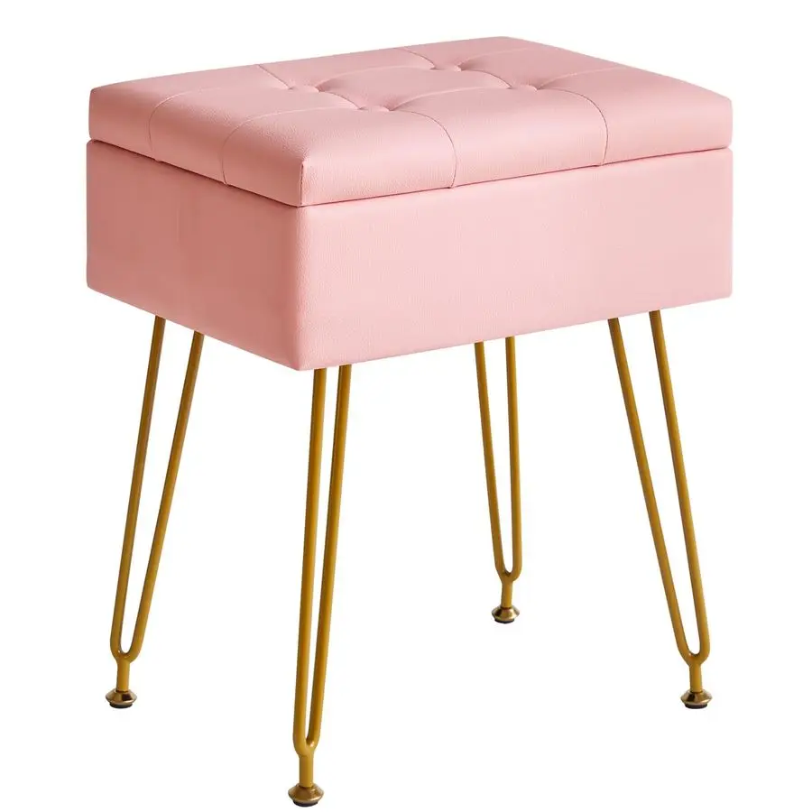 

Multifunctional Storage Vanity Stool with Flip Tabletop, Adjustable Metal Legs amp PU Leather 40x30x48cm Ottoman Footrest for Ma