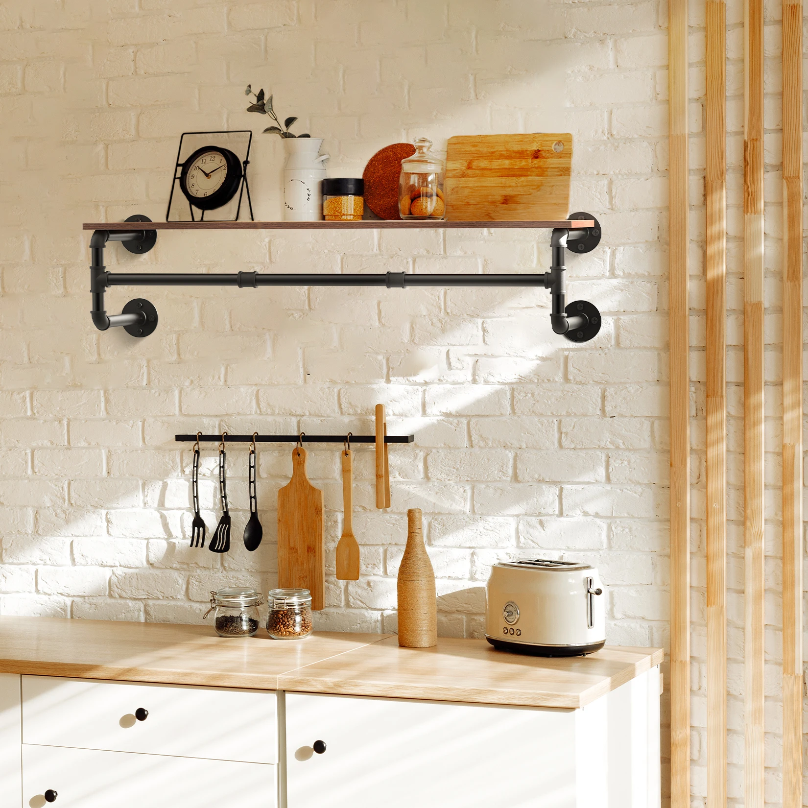 Industrial Pipe Clothes Rack with Wooden Shelf – Wall-Mounted Hanging Organizer for Bedroom, Closet, Entryway & Laundry Room 5