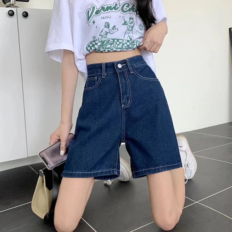 Summer Women Korean Style Baggy High Waist Short Jeans Casual Y2k 2000s Denim Pants Lady Blue Vintage Slacks Wide Leg Shorts