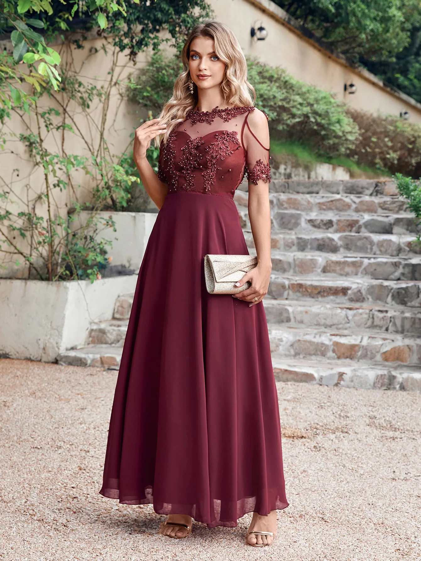 Chiffon A Line Evening Maxi Dresses Elegant Pearl Beaded Illusion Short Sleeve Boho Formal Wedding Party Guest Gowns Women