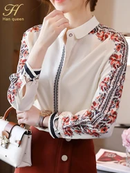 H Han Queen New Office Lady Blusa Vintage Print Tops Simple Elegant Chiffon Women Blouses Korean Chic Long Sleeve Casual Shirts