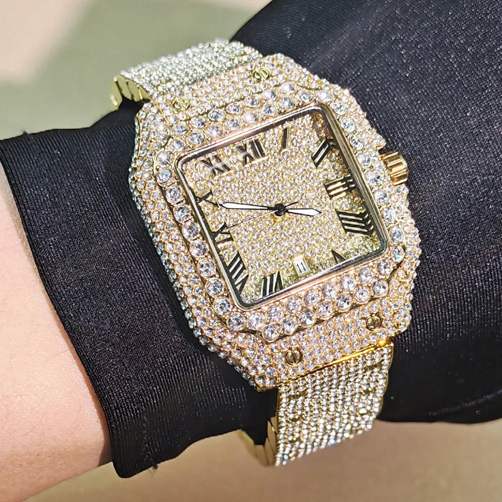 Gold-Silber Iced Out Quarzuhr für Herren Voll-Diamant Armbanduhr Vintage Quadratische Form Hip-Hop Klassische AAA-Uhr Reloj
