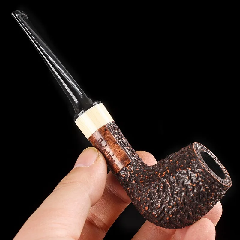 Handmade Briar Root Wooden Tobacco Pipe Billiard Carved Surface Straight Stem with Ornament Medium Size