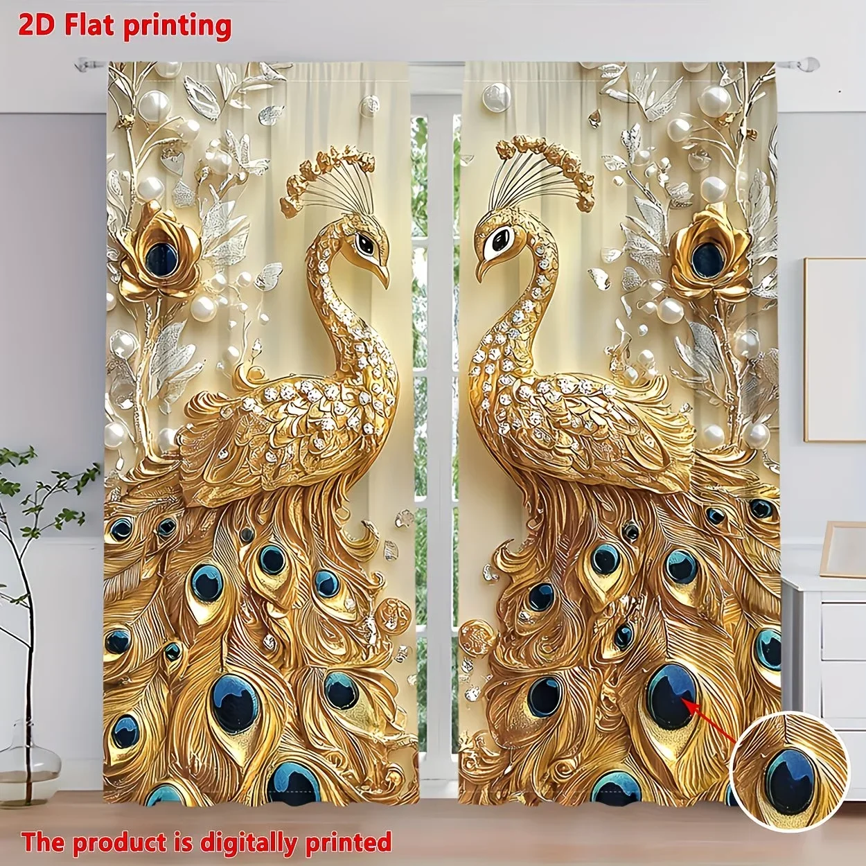 2Pcs Curtain European Design with 3D Gold Peacock Print Window Drapes for Bedroom Living Room Decoration Window Treatment.
