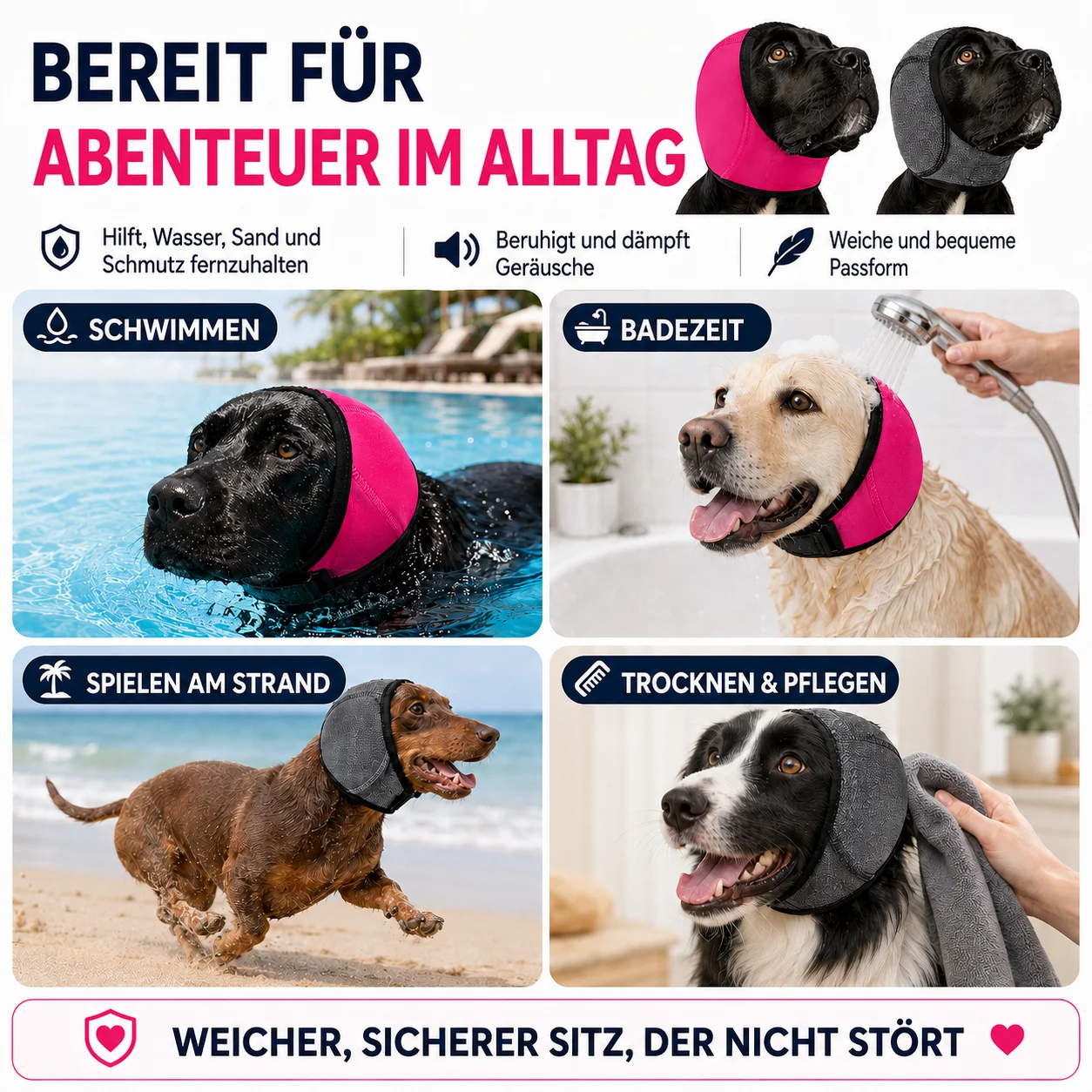 Hunde-Ohrenschützer zur Lärmreduzierung, Beruhigende Haube für Pflege, Schwimmen und Baden, Weicher Ohrenschutz für Hunde und Welpen – Detail 3