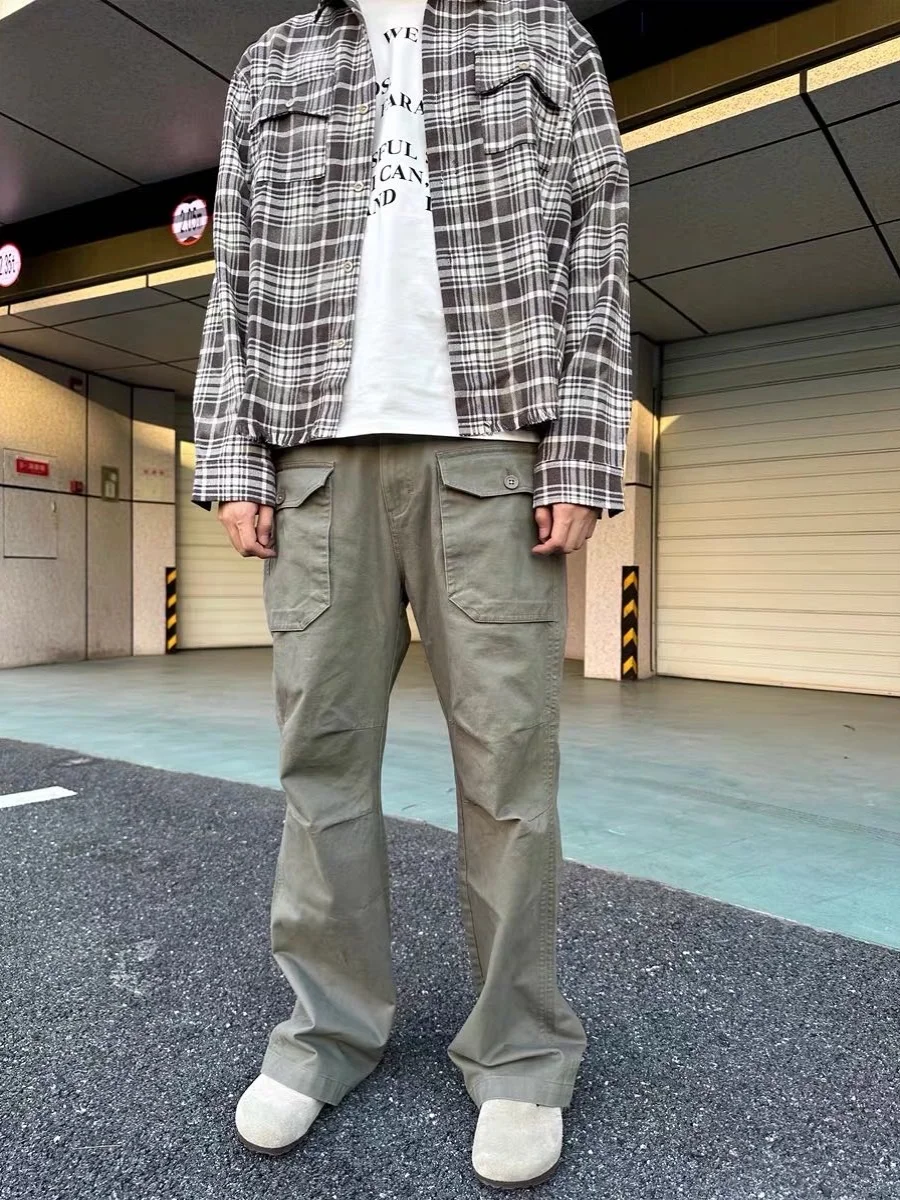 

Retro Waed Slim Fit Work Trousers with Accordion kets for Men Youthful Casual Long Pants Spring Autumn Seasonal Wear