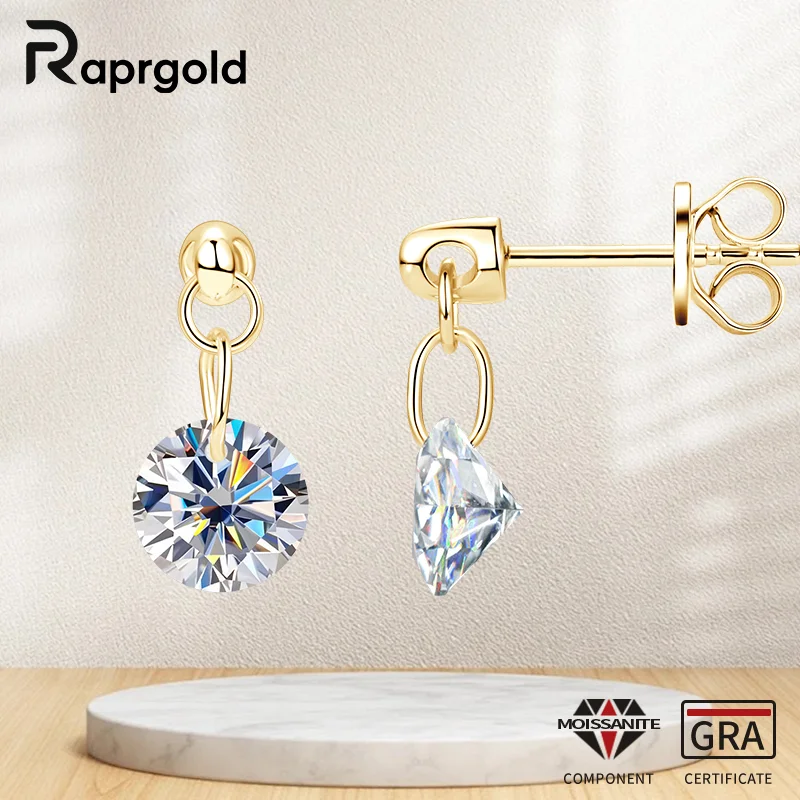 

RAPRGOLD 1.0CT Round Cut Moissanite Solitaire Drop Piercing Stud Earrings for Women S925 Sterling Silver Girl Fine Jewelry Gifts