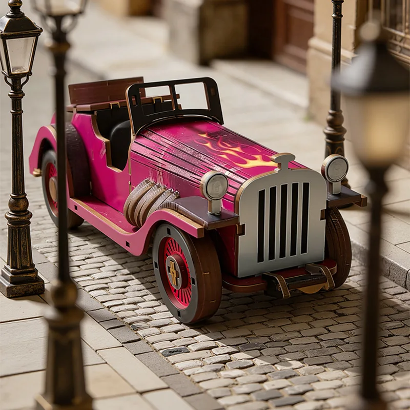 Vintage Car Wooden 3D Puzzle Kit, DIY Assembly Classic Roadster Model, Ideal for Kids Gifts, Desk Decor and Hobby Craft