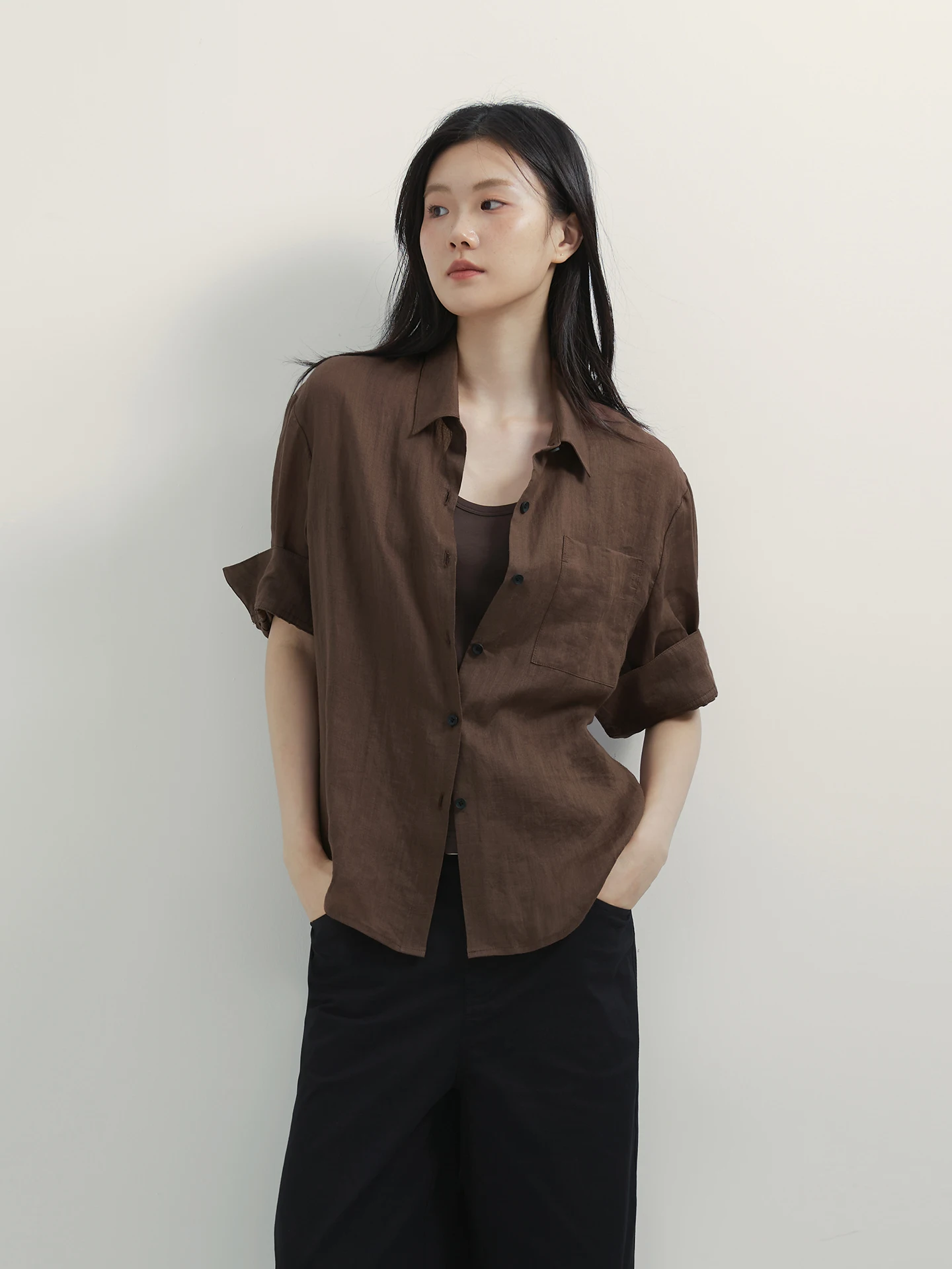 Sliced Avity Women's Loose Fit Short Sleeve Shirt with Cuff Flax Fabric Slimming Stylish Shape Casual Top Fashionable Design