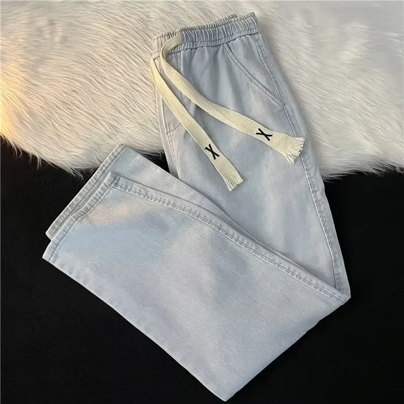 Loose Straight Leg Denim Jeans Men's Autumn Woven Drawstring Design Nine Points Casual Pants Korean Version Ins Trendy Simple