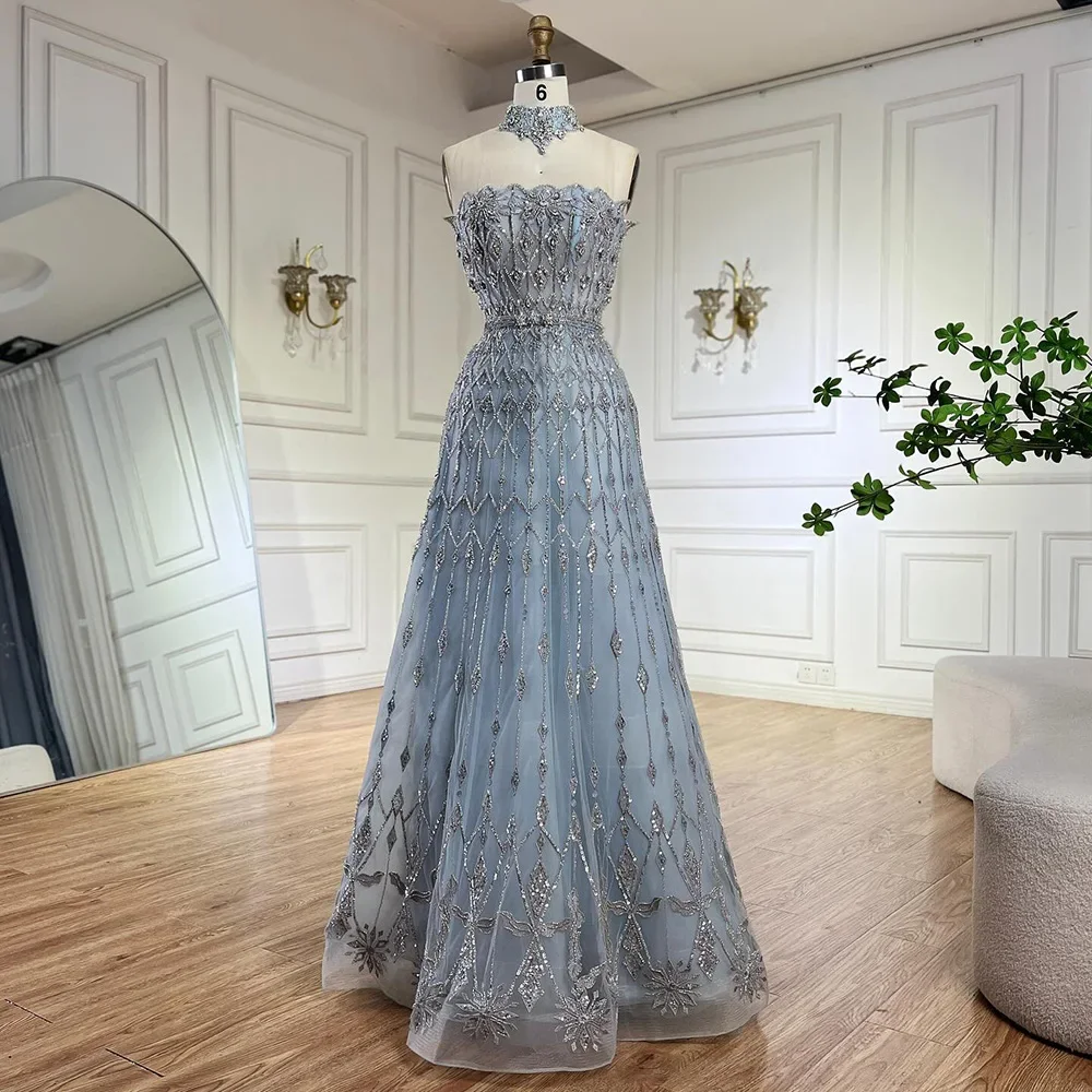 Serene Hill Customized 2025 Arabic ALine Elegant Strapless Blue Saudi Evening Gown  Beaded Dress Formal Occasion GLA72717