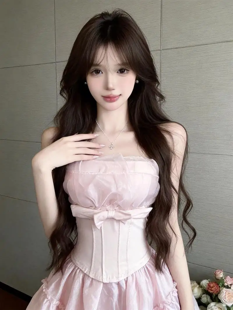 Pink  Knot Mesh Strap Vest Women's Summer Pure Desire One Shoulder Fishbone Tube Top Small Top Absolutely Beautiful