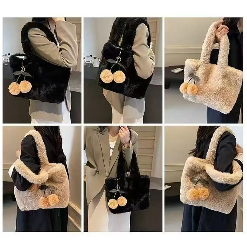 Cute Tote Bag Soft Cherry Ornament Furry Handbag Large Capacity Cherry Shoulder Bag Women