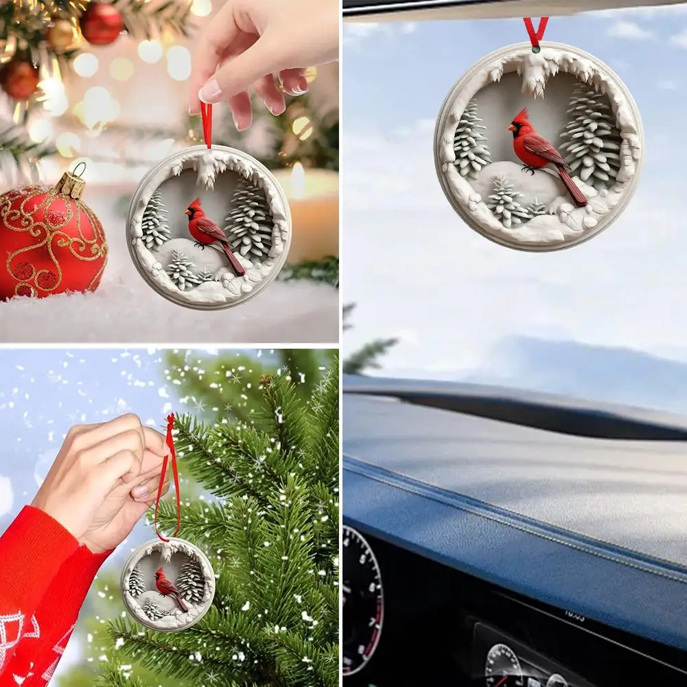 Christmas Decorations Acrylic Car Pendant Holy Flat Red Bird Decorations Disk Christmas Pendant Hanging Tree W5F4