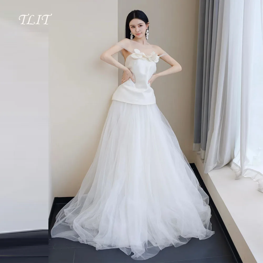 TLIT Элегантное атласное свадебное платье из тюля без бретелек 웨딩드레스 Платья с аппликациями и цветами Корейское свадебное платье Фотосессия по индивидуальному заказу