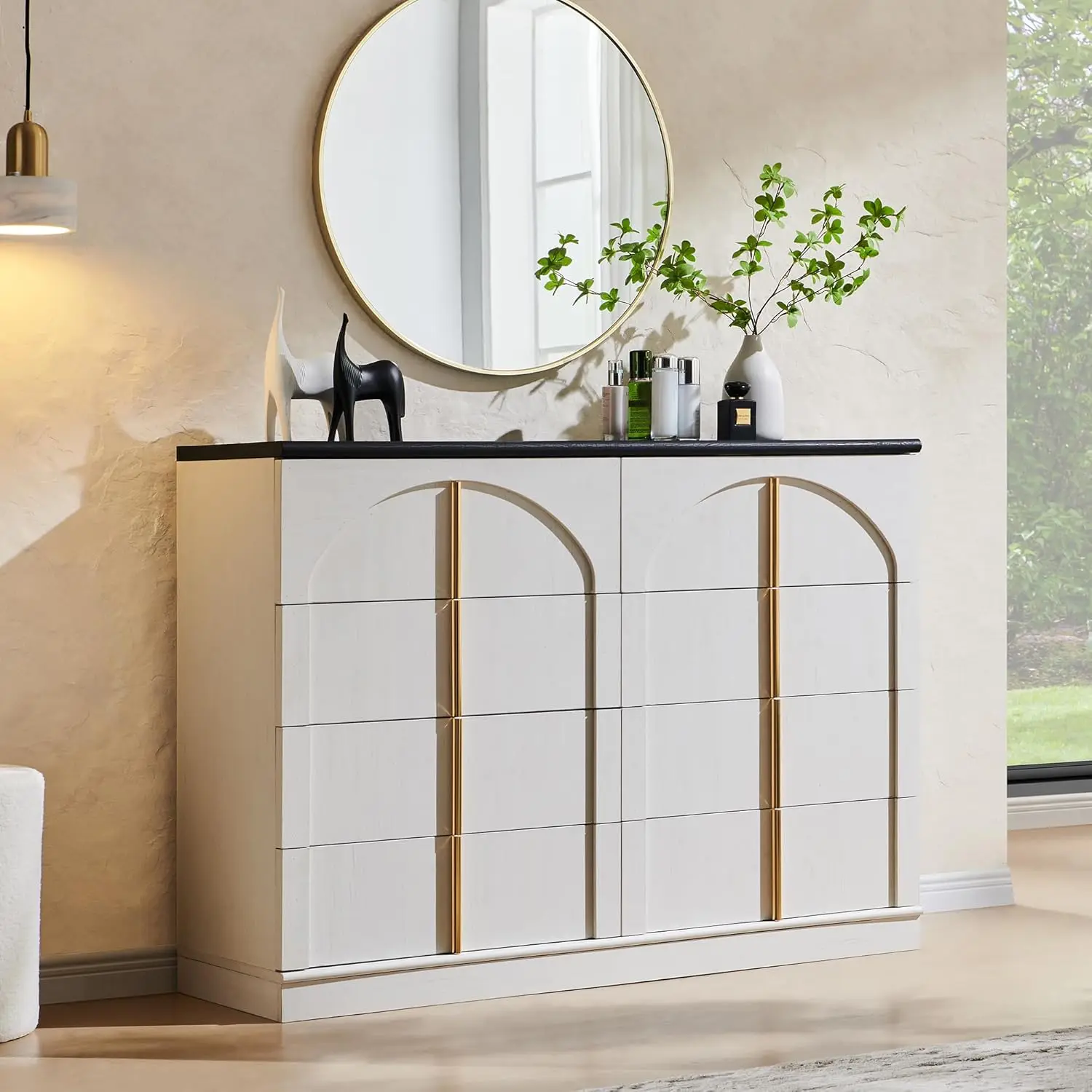 Bedroom, Living Room, Hallway Storage: White Wooden Dresser with 8 Drawers, Arched Panel and Gold Handles