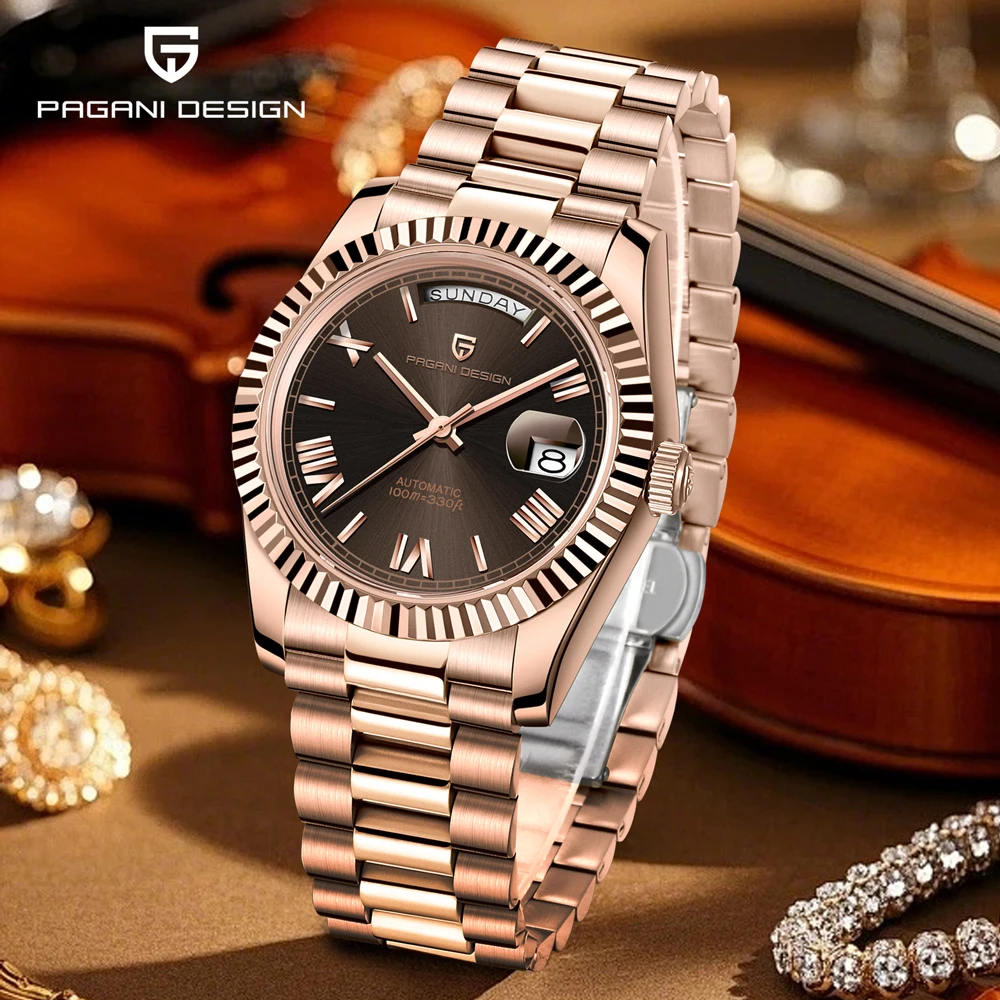 

Часы PAGANI DESIGN, розовое золото, черные механические автоматические мужские часы из нержавеющей стали, механизм ST16, сапфировое стекло, водонепроницаемые